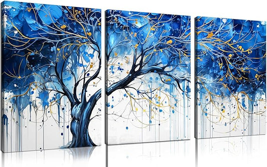 CIRABKY Blue Tree Pictures Wall Decor for Living Room - Blue and White Wall Art for Bedroom - Modern Wall Decor for Office Size 12" x 16" x 3 Pieces