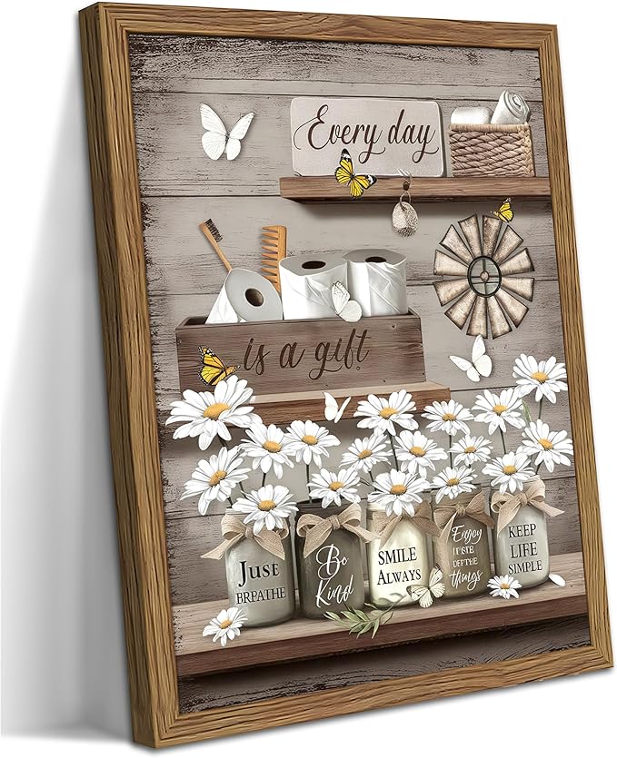 Wood Framed Farmhouse Bathroom Wall Art, Vintage Rustic Daisy Canvas Wall Decor Paintings, Flower Butterfly Inspirational Posters Prints Pictures Artwork for Bathroom Bedroom Living Room 12x16 Inch