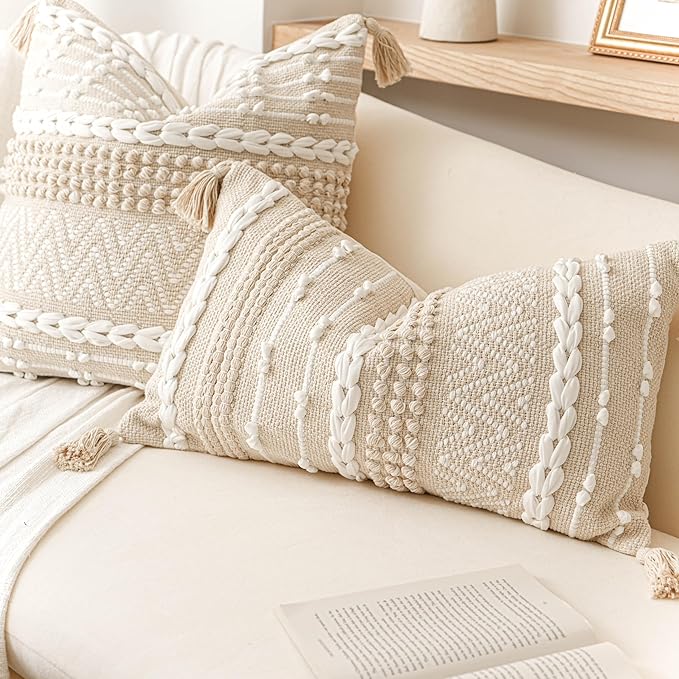 Decorative Lumbar Pillow Cover 14x24, Cream White Boho Accent Throw Pillow Case for Couch Sofa Bed, Modern Farmhouse Textured Lumbar Cushion Bedroom Living Room, Cover ONLY