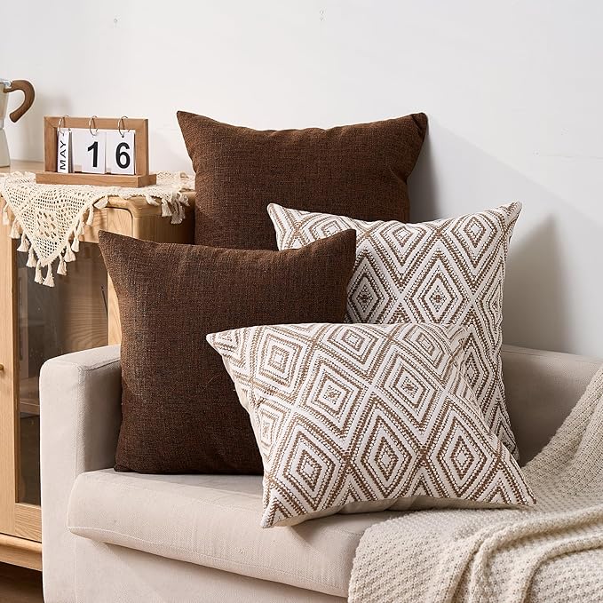 HPUK Decorative Throw Pillow Covers Set of 4 Geometric Design Linen Cushion Cover for Couch Sofa Living Room, 20"x20" inches, Chocolate