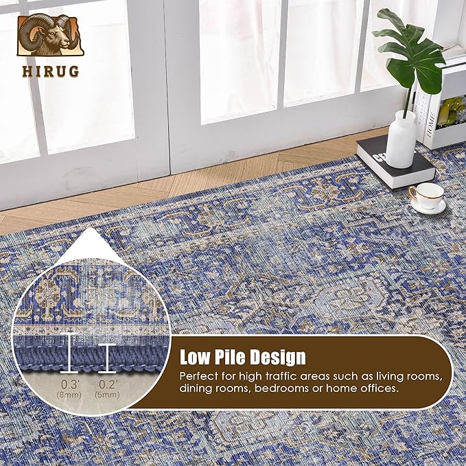 Washable Area Rug 3' x 5 ' Vintage Traditional Persian Mat - Foldable Distressed Non-Slip Machine Washable Carpet for Living Room Bedroom Kitchen Home Decor - Indigo and Gold