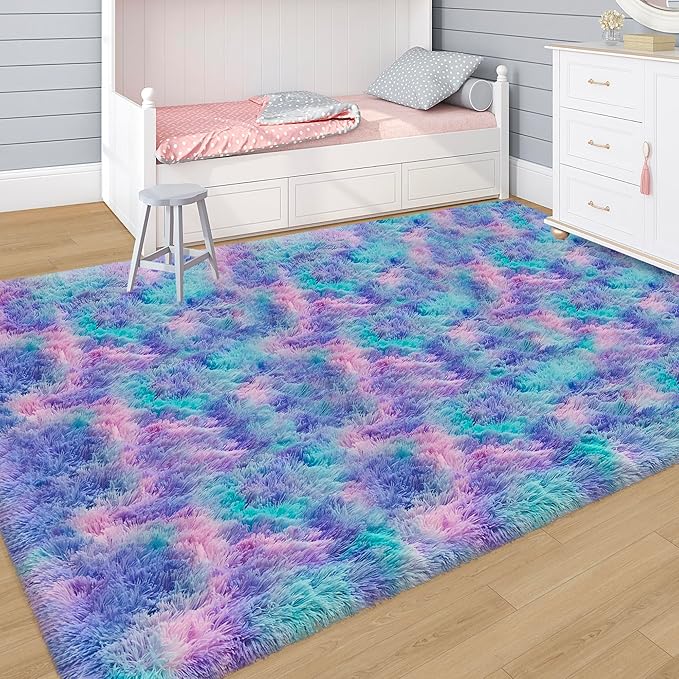 Tie-Dye Purple Rainbow Rug for Living Room 5x8ft Fluffy Modern Shag Area Rug Mat Bedside Throw Rug for Bedroom Kids Room Boys Teens Nursery Baby Dorm Office Home Decor Soft and Cozy Carpets