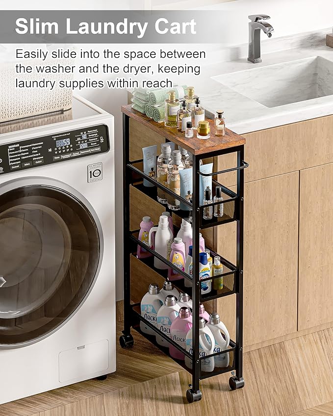 VECELO 4 Tier Slim Rolling Cart Organizer, Rolling Carts On Wheels with Storage, Sturdy Metal Frame Narrow Cart with Handle, Space Saving for Kitchen, Bathroom, Laundry, Rustic Brown