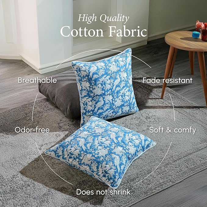 CPC 100% Cotton Throw Pillow Covers 20x20 Inch, Set of 2 Blue Block Print Pattern Couch Pillow, Cute Boho Decorative Pillows for Living Room, Bedroom with Hidden Zipper- Blue Sapphire