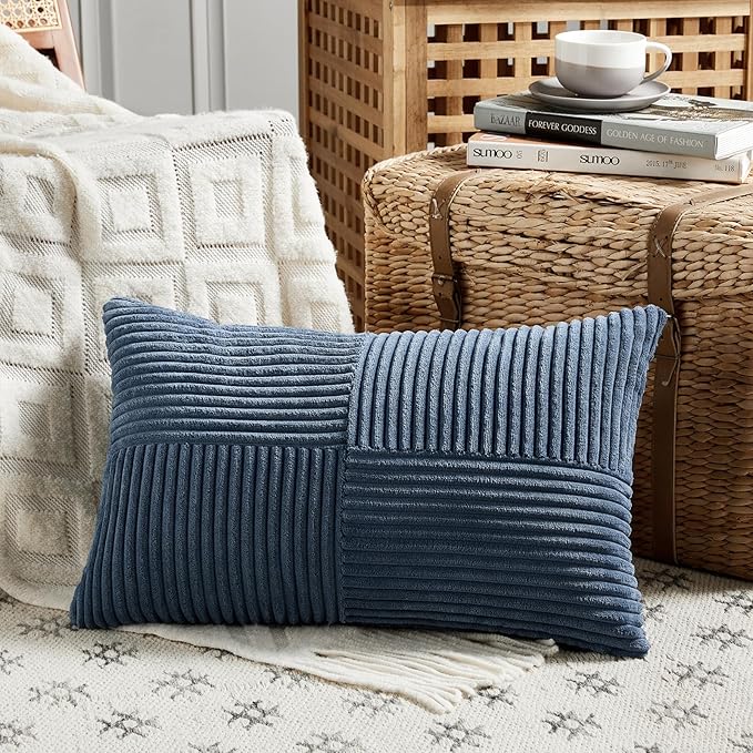 Fancy Homi 4 Packs Dusty Blue Lumbar Decorative Throw Pillow Covers 12x20 Inch for Couch Bed Sofa, Rustic Farmhouse Boho Home Decor, Soft Striped Corduroy Rectangle Accent Cushion Case 30x50 cm