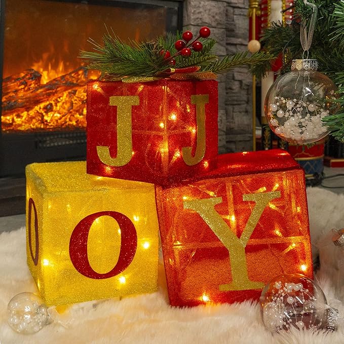 Hourleey Set of 3 Christmas Lighted Gift Boxes, Pre-lit 60 LED Light Up Joy Present Boxes Ornament Decorations for Indoor Outdoor Xmas Tree Home Yard Lawn Decor