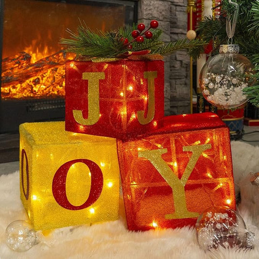 Hourleey Set of 3 Christmas Lighted Gift Boxes, Pre-lit 60 LED Light Up Joy Present Boxes Ornament Decorations for Indoor Outdoor Xmas Tree Home Yard Lawn Decor