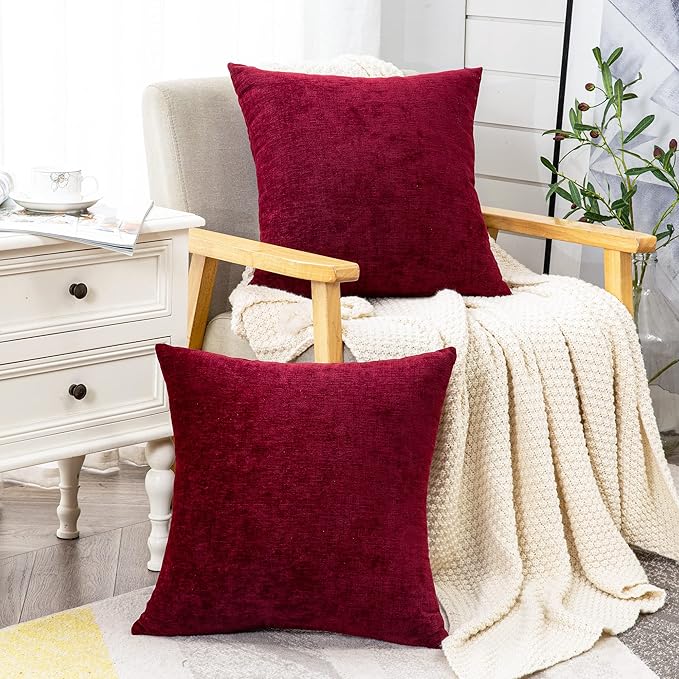GAWAMAY Decorative Throw Pillow Covers 16x16 Inch Set of 2, Super Soft Chenille Square Pillows Farmhouse Fall Pillowcase for Living Room Bedroom Sofa Couch Cushion Cover Burgundy Red 40x40cm