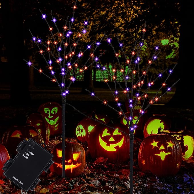 Lighted Halloween Tree Branches, 30IN 100LED Artificial Black Twig Branch with Purple&Orange Fairy Lights, Built-in Timer & Battery Operated, Waterproof for Outdoor Pathway Lawn Garden Decorations