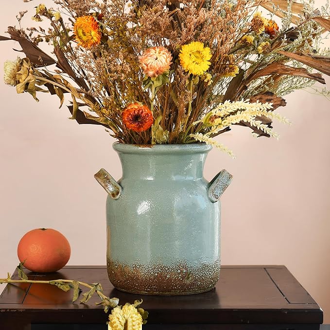 Quoowiit Ceramic Rustic Farmhouse Vase, Distressed Decorative Flower Vases for Home Decor, Ideal Shelf Decor, Green Boho Vase for Living Room Bedroom Kitchen Office Centerpiece Table Decorations