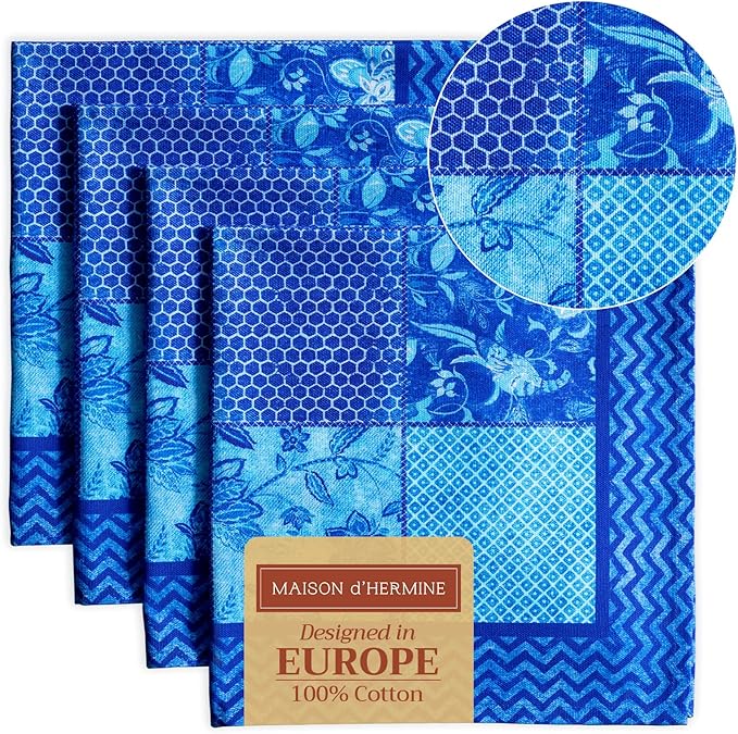 Maison d' Hermine Cloth Napkins Set of 4 100% Cotton Everyday Reusable Square Napkins Cloth Washable, Dinner, Party, Wedding, Restaurant, Spring/Summer (Indigo Love, 20" x 20")