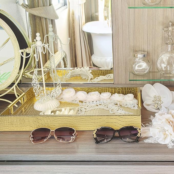 17" x 12" Wood Serving Tray with Gold Polished Metal Handles, Home Decorative Wooden Rectangle Ottoman Leather Decor Platter Bathroom Vanity Tray for All Occasions Alligator Gold