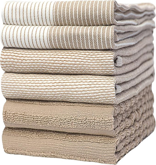 Premium Kitchen Towels (20”x 28”, 6 Pack) | Large Cotton Kitchen Hand Towels | Flat & Terry Dish Towel | Highly Absorbent Tea Towels Set with Hanging Loop | Tan