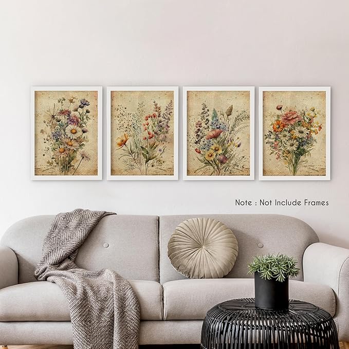 HRQKO Vintage Floral Wall Art Poster Prints Set of 4, Retro Wildflower Artwork Printing Posters, Botanical Flowers Prints for Living Room Bedroom 12"x16" Unframed