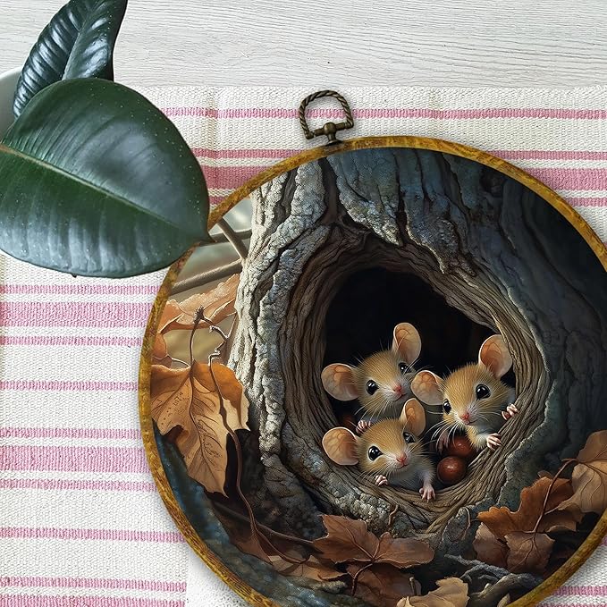 Mcehtle Fall Rat Wall Art Decor, Retro Cottagecore Autumn Mouse Maple Leaf Framed Canvas Prints 10x10, Rustic Country Animal Farmhouse Round Wall Hanging Artwork Decorations for Bedroom Living Room