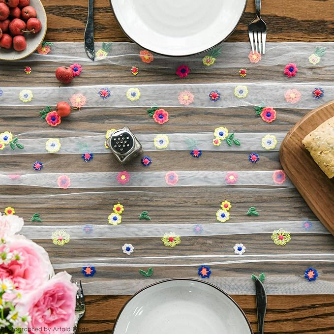 Artoid Mode 6PCS Embroidery Daisy Gauze Table Runner 120 Inch 10FT, Seasonal Sheer Kitchen Dining Holiday Wedding Birthday Table Decor for Home Party