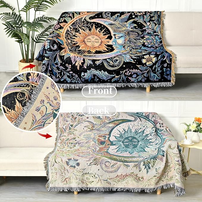 Boho Throw Blanket Reversible Cotton Bohemian Tapestry Hippie Room Decor Outdoor Blanket Double Sided (Boho Sun Black 50"x60")