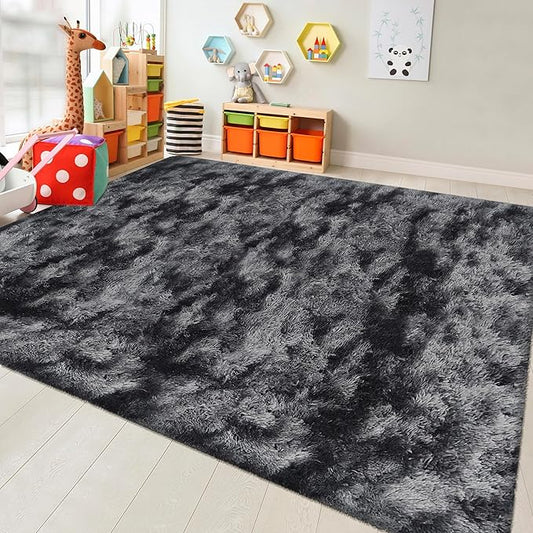 Black Grey Tie-Dyed Rug for Living Room 8x10 Fluffy Area Rug Mat Bedside Throw Rug for Bedroom Kids Room Boys Teens Nursery Baby Dorm Office Home Decor Aesthetic Carpets