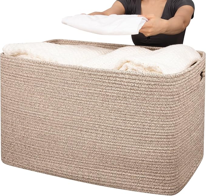 OIAHOMY 118L XXXLarge Cotton Rope Storage Basket, Oversized Blanket Basket, Used for Organizing Dirty Clothes in Living Room, Bedroom, Nursery, Dog Toy Storage Bins, 25" x 17" x 16",Brown variegated