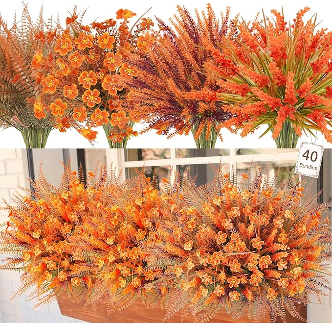 Agusbagli 40 Bunches Artificial Fall Outdoor Flowers Fake Autumn Boxwood Plants UV Resistant Plastic No Fade Faux Fall Flowers Arrangements for Thanksgiving Autumn Weddings Porch Indoor Home Decor
