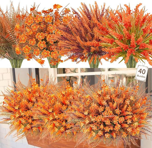 Agusbagli 40 Bunches Artificial Fall Outdoor Flowers Fake Autumn Boxwood Plants UV Resistant Plastic No Fade Faux Fall Flowers Arrangements for Thanksgiving Autumn Weddings Porch Indoor Home Decor