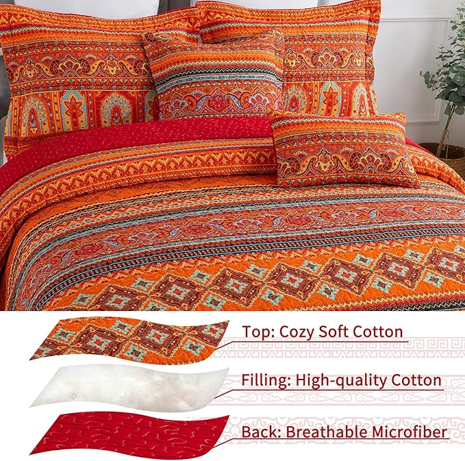 VAPUTAR Cotton Quilt Twin Size Bedding Set - 2 Pieces Twin Quilt Bedding Set, Boho Twin Size Quilts, Lightweight Reversible Coverlets Bedspreads for Farmhouse Bedroom (Red/Orange)