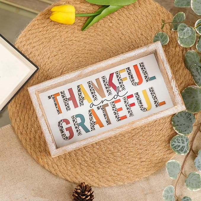 Embossed Thankful and Grateful Sign, Thanksgiving Decorations for Table Cubicle Desk Mantel Fireplace, Vintage Thanksgiving Home Decor Leopard Print Wooden Sign