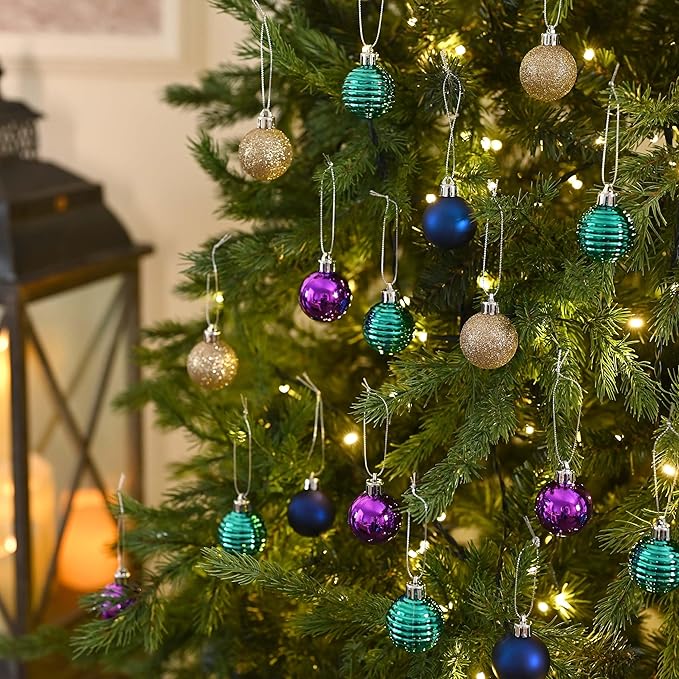 Valery Madelyn 1.57 Inches Small Christmas Tree Decorations Ornament Set for 4th of July Fall Halloween, 24ct Peacock Purple Blue Shatterproof Hanging Ball Ornaments Holiday Party Decor