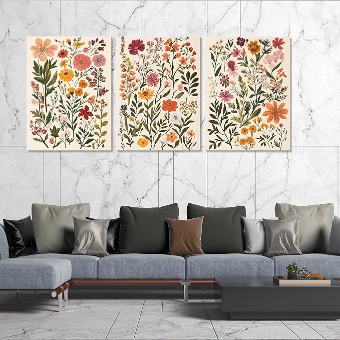 UCRAASDEB Framed Colorful Wildflowers Canvas Wall Art Set of 3 Neutral Vintage Floral Pictures Poster Farmhouse Boho Botanical Painting Prints for Living Room Nursery Bedroom 16'' x 12''