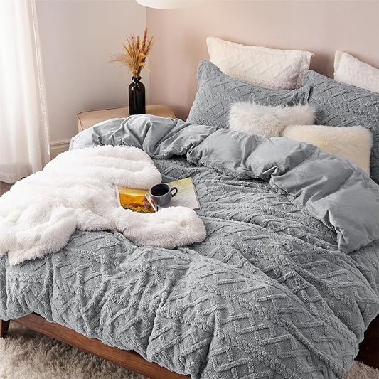Bedsure Queen Fluffy Comforter Set, Grey Plush Fleece Bed Set, Luxury Jacquard Farmhouse Boho Soft Warm Bedding for Winter, 3 Pieces, 1 Comforter (90"x90") and 2 Pillowcases (20"x26")