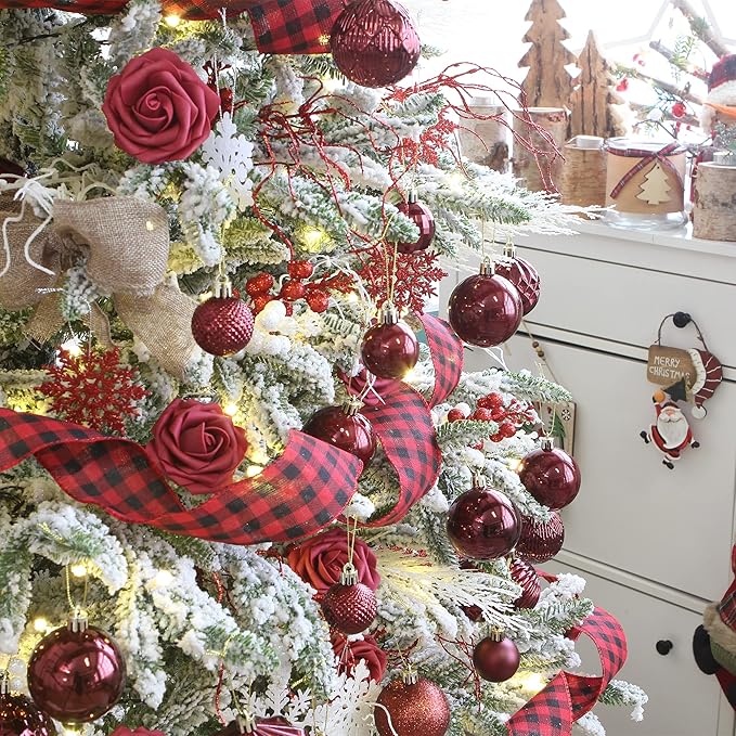 Sea Team 41-Pack Christmas Ball Ornaments with Strings, 60mm/2.36-Inch Small Size Baubles, Shatterproof Plastic Christmas Bulbs, Hanging Decorations for Xmas Tree, Holiday, Wedding, Party, Burgundy