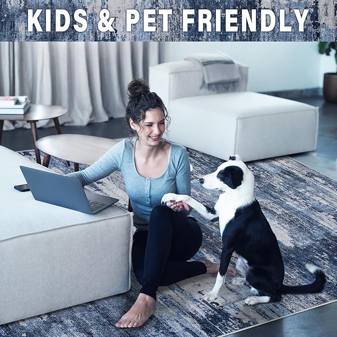 Area Rug Living Room Rugs: 5x8 Rug for Bedroom Machine Washable with Non Slip Backing Non Shedding Abstract Stain Resistant Large Carpet for Dining Room Nursery Home Office - Beige/Blue