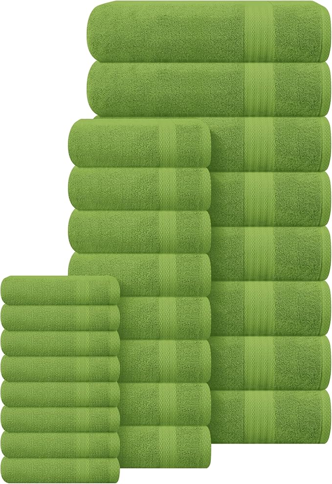 GLAMBURG Ultra Soft 24-Piece Towel Set - 100% Pure Ringspun Cotton, Contains 8 Oversized Bath Towels 27x54, 8 Hand Towels 16x28, 8 Wash Cloths 13x13 - Ideal for Everyday use, Hotel & Spa - Kiwi Green