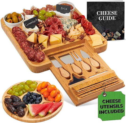 Charcuterie Boards, Bamboo Cheese Platter - Cheese Tray with Cheese Utensils, Fruit Tray, and 2 Bowls Included by Woodenhouse