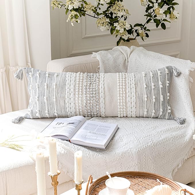 Gray Decorative Lumbar Pillow Cover 14x36, Boho Long Throw Pillow for Bed, Accent Lumbar Throw Pillow Case, Modern Farmhouse Textured Lumbar Cushion (Cover ONLY)