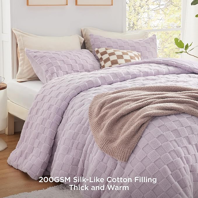 Bedsure Queen Fluffy Comforter Set, Light Purple Plush Fleece Bed Set, Checkered Farmhouse Boho Soft Warm Bedding for Winter, 3 Pieces, 1 Comforter (90"x90") and 2 Pillowcases (20"x26")