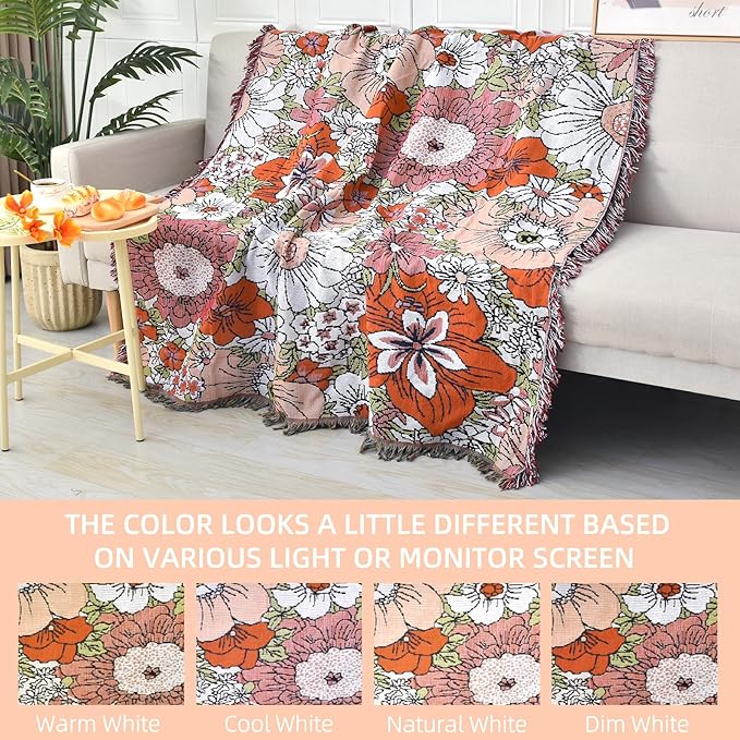 Boho Throw Blanket Reversible Cotton Bohemian Tapestry Hippie Room Decor Outdoor Blanket Double Sided (Boho Flower 50"x60")