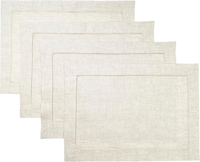 D'Moksha Homes Light Natural Linen Cloth Placemats Set of 4-100% Pure Linen Hemstitch Placemats 14 x 19 Inch - Classic Hemstitch Table Place Mats for Fall, Halloween - Handcrafted, Machine Washable