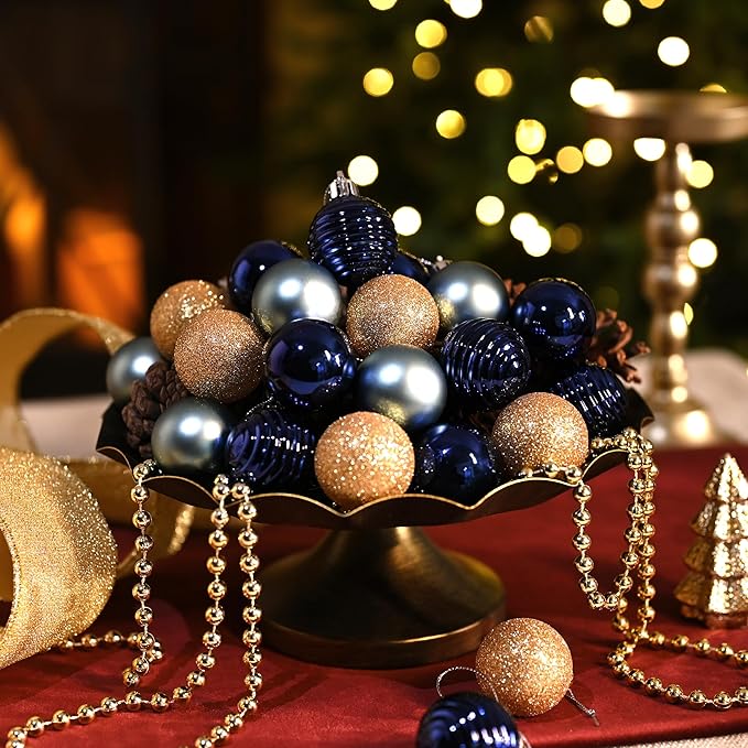 Valery Madelyn 1.57 Inches Small Christmas Tree Decorations Ornament Set for 4th of July Fall Halloween, 24ct Blue and Gold Shatterproof Hanging Ball Ornaments Holiday Party Decor