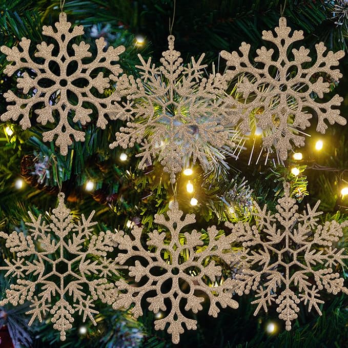 6pcs Large Champagne Gold Snowflakes Ornaments 12” Big Plastic Glitter Snowflake for Winter Indoor Outdoor Christmas Tree Window Room Decorations Giant Craft Snowflakes