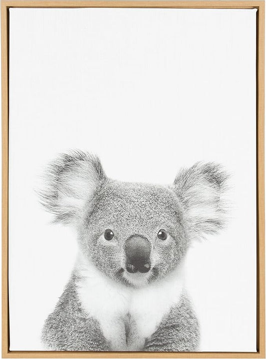 Kate and Laurel Sylvie Koala Black and White Animal Portrait Framed Canvas Wall Art, 23x33 Natural