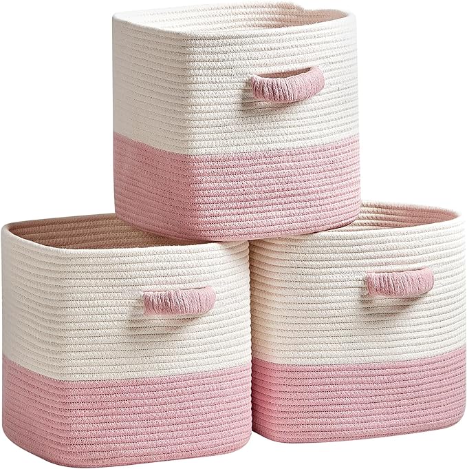Storage Cube Baskets for Organizing 11 inch-3 Pack- Square Baskets for Cube Storage, Closet Storage Bins - Woven Cube Storage Bins for Shelves- Cube Drawer- Ideal for Toy Storage White & Pink