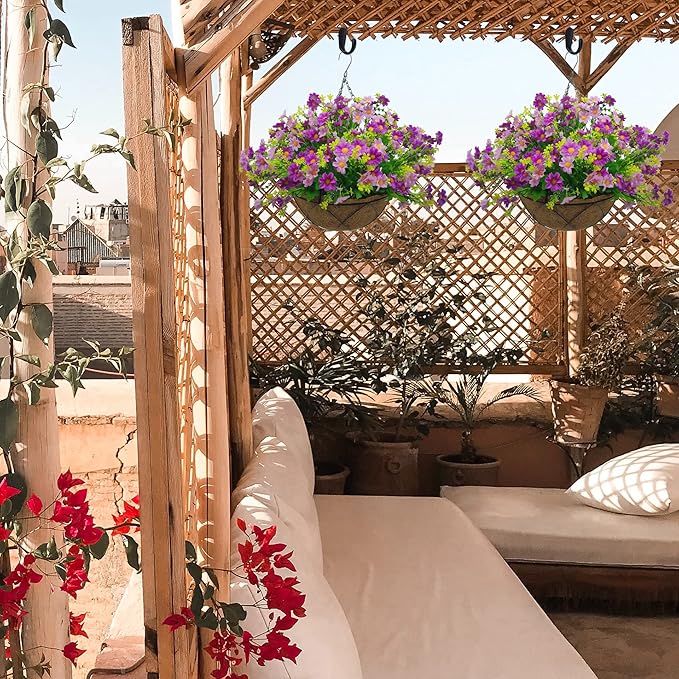 Artificial Hanging Flowers with Basket,Fake Daisy Flowers in 12 inch Coconut Lining Hanging Baskets for The Decoration of Courtyard, Indoors, and Outdoors(Violet)