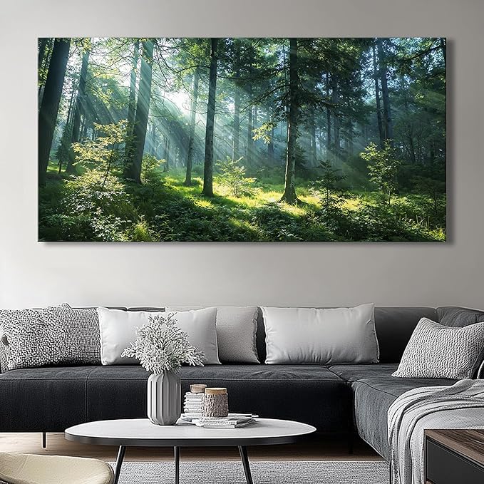 Huaaliunn Large Green Forest Wall Art for Living Room and Bedroom, Canvas Wall Art Framed Ready to Hang, Modern Landscape Nature Painting, Wall Decor for Home Office 50x100cm(20x40in)