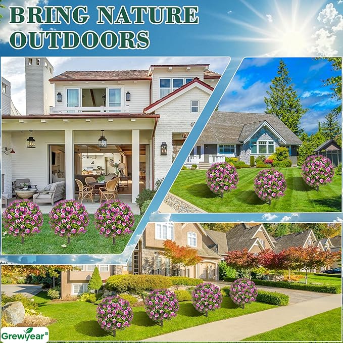 Set of 2 Artificial Topiary Ball Trees with Purple Mum, Faux Boxwoods for Outdoor Planters with Ground Spike, UV Resistant Artificial Outdoor Plants for Porch, Fake Bushes Round Shrub