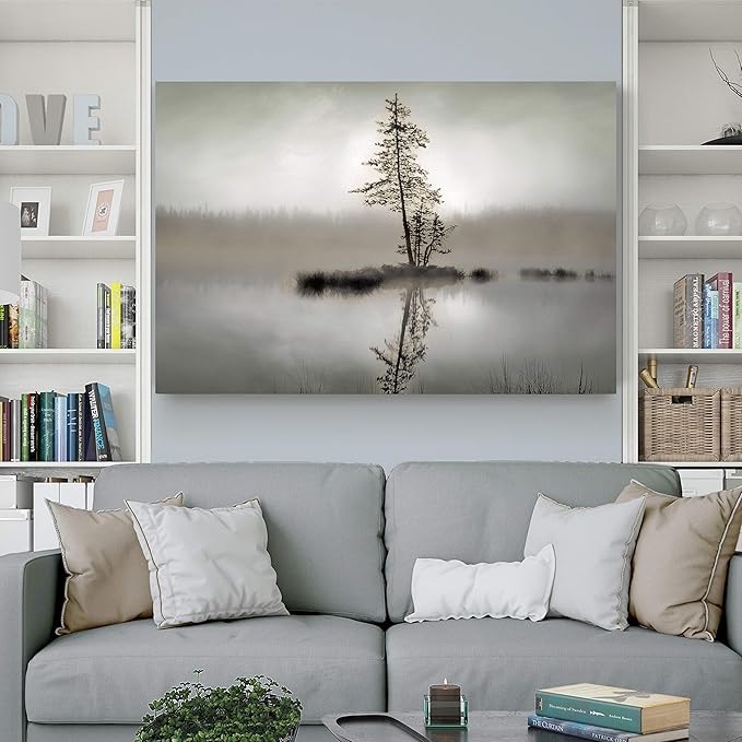 Renditions Gallery Canvas Wall Art for Home Decor Pine Tree Reflection in Misty Forest Lake Modern Nature for Bedroom Living Room Kitchen - 12"X18" LT08
