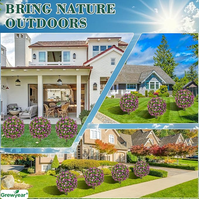 Artificial Purple Rose Topiary Ball Trees with Ground Spike Set of 2, Faux Boxwoods for Outdoor Planters, UV Resistant Artificial Outdoor Plants for Porch, Fake Bushes Round Shrub