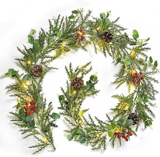 Brightown Pre-lit Christmas Garland with Lights, 6 Feet 20 LED Battery Operated Christmas Lights with Pine Cones, Berry, Eucalyptus Leaves, Indoor Christmas Decorations for Stairs, Fireplace, Door