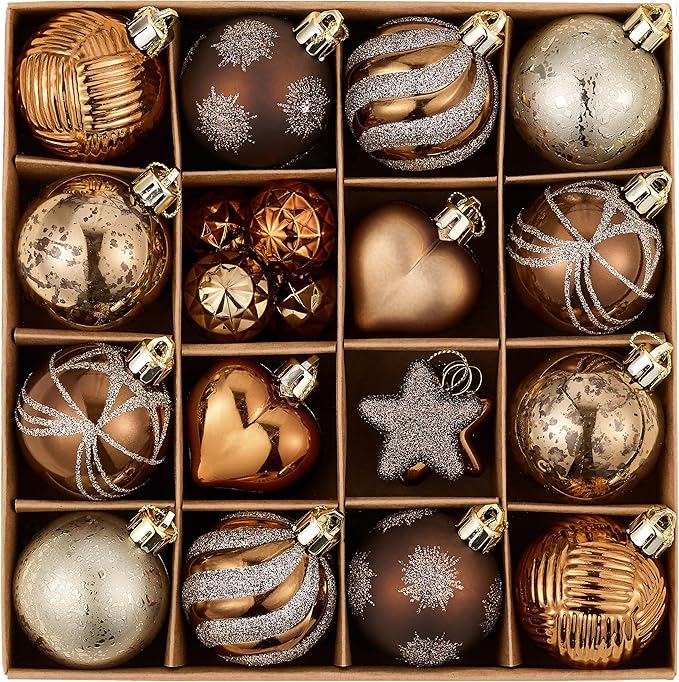 Valery Madelyn 28Pcs Christmas Heart Shaped Ornaments Gift Pack, Bronze Copper Gold Craft Painted Tree Heart Decorations, Christmas Baubles Hanging Indoor Holiday Party Xmas Decor