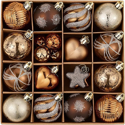 Valery Madelyn 28Pcs Christmas Heart Shaped Ornaments Gift Pack, Bronze Copper Gold Craft Painted Tree Heart Decorations, Christmas Baubles Hanging Indoor Holiday Party Xmas Decor